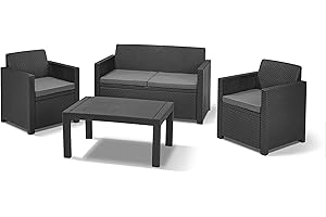 Allibert by Keter Merano Gartenmöbel Set aus Kunststoff, inkl. Sitzkissen, grau, 4-teilig, 2 Sessel, Sofa & Tisch, für Garten & Terrasse, Flache Rattanoptik