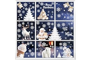 Hianjoo 9 arkuszy świątecznych naklejek na okna, 156 szt., wielokrotnego użytku, świąteczne naklejki na okna 3D, dwustronne, Święty Mikołaj, choinki, dzwoneczki, naklejki okienne, dekoracje do domu