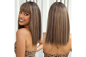 ALLBELL Braune gemischte Blonde Highlight Perücke für schwarze Frauen Glatte Bob Perücken mit Pony mit dunklen Wurzeln für den täglichen Gebrauch