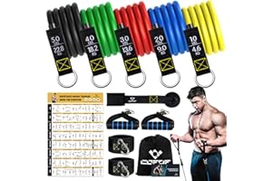‎COFOF Resistance Bands Widerstandsbänder Set, 5 Fitnessbänder Expander Tube Bands, Fitnessband mit Großem Griff Knöchelriemen Türankerbefestigung Tragtasche, Ideal für Pilates Krafttraining