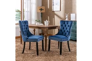 HomeTouch Luxury Velvet Kitchen Dining Chairs Set of 2 Upholstered Knocker Wing Back Office Chairs with Oak Wood Legs for Dining Room Bedroom, Hand Made (2, Blue)