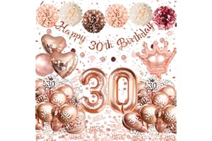 ALMAXI 30 Geburtstag Frau, 30 Geburtstagsdeko Frauen Roségold, Luftballon 30. Geburtstag, 30 Deko Luftballons Rose Gold mit Happy Birthday Banner Pompons für Dekorationen Mehrweg
