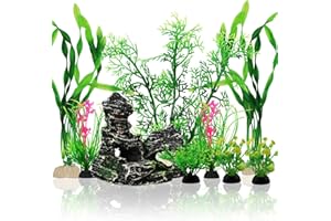 QUOZUO 9 Pezzi Decorazione Piante per Acquario, Piante in Plastica Verde con Resina, Grotta di Pesce e Accessori per Serbatoio