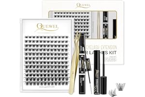 Individual-Lashes 144 Cluster-Lashes QUEWEL DIY Eyelash-Extensions-Kit, Clusters Eyelash Applicator, Cluster Lashes Bond and Seal Super Hold, Clusters Lash Glue Remover Easy to Remove(QU-RR-DH-01)