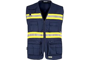 TEAMWORK Work Team Chaleco con Cierre de Cremallera. Multibolsillos. Cintas Reflectantes Bicolor. Hombre Marino+Amarillo A.V.