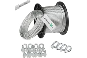 Renomo24 Drahtseil Set 2 - Stahlseil 20m 6mm 6x7 verzinkt und ummantelt, 8x Bügelklemmen, 4x Kauschen