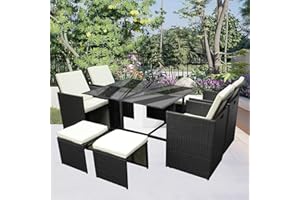 GadgetHaven Garden Furniture,rattan garden furniture with Waterproof Cushions, Tempered Glass Table & Storage Cover - Space Saving Design for Poolside/Garden 6141-B (Black with beige cushion)