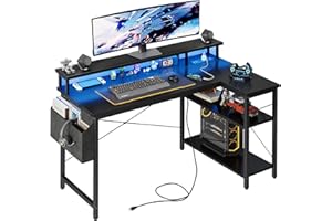 Grandder 120 cm Escritorio L con Luces LED y enchufes, Escritorio de Juego con 2 estantes, Mesa de Ordenador con Soporte para Monitor, Home Office, Negro carbón​