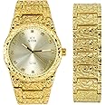 Mens 14k Gold and Silver Finish Watch with Nugget Band and Custom Diamond Dial - Fully Adjustable Watch Length - Quartz Movement - Hip Hop Inspired Watch