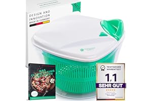 freegreen® Germany Salatschleuder [5L] mit patentierten Zugmechanismus, Siebeinsatz & Deckel mit integriertem Wasser-Ausgießer I [inkl. Salat-Rezepte] I Salatschüssel zum stilvollen Servieren