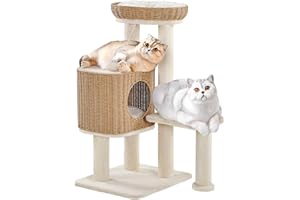 Yaheetech Arbre à Chat en Rotin 91 cm, Tour pour Chats 10 KG, Griffoir en Sisal avec Niche/Coussin Lavable/Panier Supérieur Souple/Poteaux à Griffer/Boule