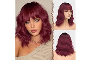 FESHFEN Pelucas Ombre Rojo Vino Ondulado con Flequillo para Mujer, 35 cm Peluca Bob Rizado Corta Sintética Pelucas de Cabello Parte Media Longitud del Hombro de Fiesta