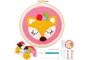 JSRQT Kit de démarrage à l'aiguille à poinçonner, kit de crochet de tapis pour enfants et adultes, débutants, kits d'aiguilles de poinçonnage artisanales avec cercles à broder, motif cerf Sika