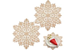 POPOYU 2 Pezzi Tovagliette Natale Fiocco Neve,38cm PVC Tovaglietta Oro Hollow,Fiocco Neve Tovaglietta Antiscivolo Lavabili per Natale,Matrimonio,Ristorante,Hotel Table Decorativo(A)