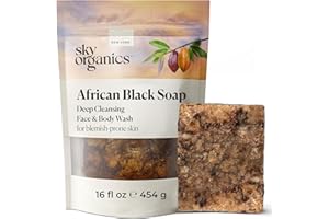African Black Soap Bar by Sky Organics (454 g) Raw Black Soap Face & Body Wash - Authentic Handmade Soap from Ghana Facial Wash Vegan and Cruelty-free