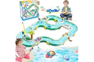 BuzzoXerex Juguete de Mesa de Arena y Agua, 2 en 1 Mesa de Agua y Arena Set, Mesas de Juegos Exteriores con Barcos x2 Muñecas x6 Cañas de Pescar x2 para Niños 3+ Años (2)