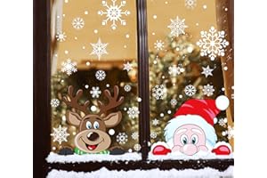 FINGOOO Christmas Window Stickers, 6 Sheets Peeping Santa and Rudolph Window Clings Snowflake Decal for Xmas Window Decoration