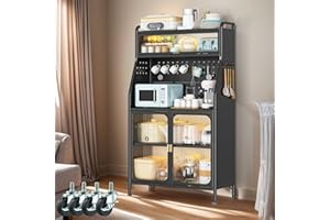 Fiutazge 160cm Mobile Cucina Dispensa con Ruote,Mobile Credenza Cucina con Ripiani Regolabili, Ante a vista e Vani Aperti, Credenza Alta per Soggiorno,Camera,Ufficio,Nero 86L x 36 x 160 cm
