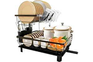 JUPPLIES Escurreplatos de 2 Niveles con Soporte para Utensilios Extraíble, Portavasos y Estante de Gran Capacidad - Escurridor de Platos con Boquilla de Drenaje Automático - 33x43x33cm - Negro