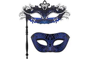 SIQUK Couple Masquerade Masks with Holding Stick Venetian Party Mask Halloween Costume Carnival Mask for Couples Women and Men