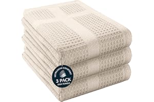 HEIRLOOM COMFORT Waffle Weave Kitchen Towels with Hanging Loop, 3 Pack, 100% Cotton, 40x66 cm, Super Absorbent, Fast Drying Dishcloth Set, Soft for Cleaning Dishes, Hand Towel, Durable, Ivory