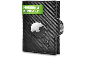 GENTO DESIGN GERMANY GenTo SMARTLET AIR portfel Slim Wallet – portfel z przegródką na monety – uchwyt na Apple AIRTAG – certyfikat TÜV ochrony RFID NFC – mały miniportfel – cienkie wąskie etui na karty dla mężczyzn i kobiet – w zestawie pudełko na prezent, carbon, AirTag | Kompaktes Münzfach | Reißverschluss