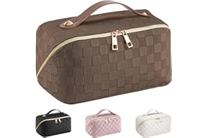 EECH Kosmetiktasche Reise Damen,Make Up Tasche mit Groß Kapazität,PU Leder Portable Schminktasche Kulturtasche Organizer,Beauty Case für Reisezubehör Travel Essentials Women(Kariert-Braun)