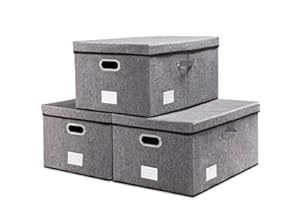 PRANDOM Aufbewahrungsbox mit Deckel Groß,Faltbarer Leinen Stoff Aufbewahrungsboxen, Aufbewahrungskorb mit Griff,Dekorative Stapelboxen,Organizer Container,Grau[3-stück] 58x40x30cm