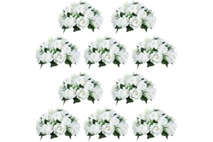 NUPTIO 10 Pièces Fleurs Artificielles, 15 Têtes de Roses Plastique avec Base, Convient au Centre de la Table Mariage Notre Magasin pour Les Fêtes Décoration de Saint Valentin(Blanc)