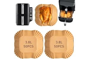 Ankway 100 Unità Carta Forno per Friggitrice ad Aria Doppio Cestello, Fogli Friggitrice ad Aria per Ninja 7.8L SL300EU, BPA Free, Monouso, Antiaderente (Quadrata, 14cm)