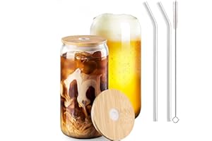 MEETOZ 2 Set 500ml Finew Glass Cups with Bamboo Lids and Glass Straws,Reusable Can Shaped Glass Cups Set,for Smoothies, Beer, Cola, Juice, Soda
