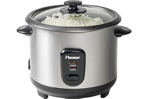 Bestron Reiskocher für 4-6 Personen, inklusive Dampfgar-Aufsatz, Messbescher & Reislöffel, mit Antihaftbeschichtung und Kontrollleuchte, Spülmaschinengeeignet, 1 Liter, 400W, Farbe: Silber