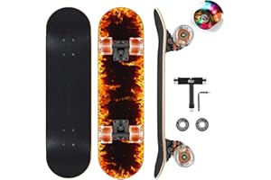 GIEEU Skateboards mit bunten blinkenden Rädern für Anfänger, Kinder, Teenager, Erwachsene, komplettes Standard-Skateboards, 9 Schichten Ahorn-Deck, konkaves Skateboard