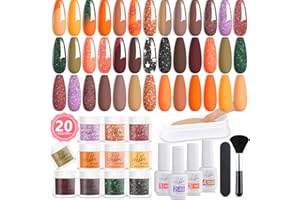 Aikker 27 Pcs Dip Powder Nail Kit 20 Colours Orange Purple Coffee Green Glitter Shine Dipping Powder Starter Set with Base Top Coat Activator Dip Recycling Box Manicure DIY AK40
