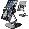 AboveTEK Tablet Stand Holder, Stylish Aluminum iPad Stands, Foldable 360° Swivel iPad iPhone Table Stand Holder fits 4-11" Tablets/Smartphones for Kitchen Bedside Office POS Showroom Reception - Black