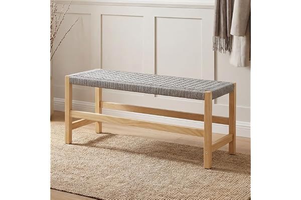 chairus Bänk för sängens fotände i trä med naturlig repvävning, vintage entrébankt, sovrum/kök/vardagsrum, 32 x 90 x 42 cm