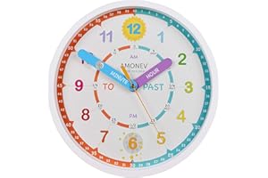 Amonev Time Teacher (V4) Children's Clock - Easy to Read Analogue Clock with Silent Ticking - Teach Children How to Tell the Time - Multicolour