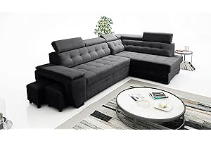 ROBIN INSPIRE Robin Grand Divano angolare con funzione di letto cassetto per la biancheria due pouf poggiatesta regolabile angolo a destra nero 277 x 180 x 100