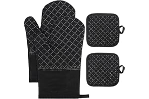 LAUVIOMIFY Ofenhandschuhe Topfhandschuhe Anti-Topfhandschuhe Hitzebestaendig 4er Set Topflappen Ofenhandschuhe Baumwolle Silikon Hitzebest Geeignet Küchenhandschuhe für Kochen Backen Grillen