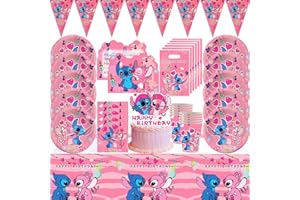 Forhome Lilo Stitch Party Cutlery, Birthday Decoration, Party Accessories, Birthday Cutlery, Decoration, Plates, Cups, Napkins, Bunting, Gift Bags, Tablecloths, Invitation Cards for 10 Guests (Pink)