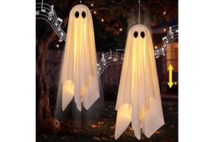 JOYIN Halloweendekorationer utomhus – 1,5 m stort hängande gungspöke, gunga vitt spöke utomhusdekor med varma vita lampor, halloween läskiga söta dekorationer för främre veranda, gårdsträd
