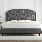 Yaheetech Marco de Cama con Cabecero Tapizado Ajustable en Altura Soporte de L&aacute;minas de Madera y Patas Met&aacute;licas Gris Oscuro/