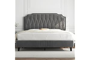 Yaheetech 4ft6 Double Upholstered Bed Frame with Adjustable Button Tufted Headboard/Velvet Fabric/Sturdy Wooden Slat Support/No Box Spring Needed, Dark Grey