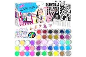 KLAGENA Set di tatuaggi glitterati per bambini, 42 colori (glitter, 12 fluorescenti, lucidi di notte), 219 stencil, 213 strass, 5 pennelli, 4 adesivi (fácil da lavare, non irrita la pelle)