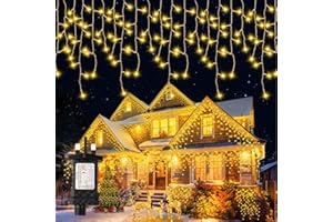 Buudala Icicle Lights Outdoor Christmas, 400LED 12.8+5M Golden Warm Icicle Light 8 Modes Plug-in IP65 Waterproof Light Up Xmas Fairy Indoor Outdoor Decor for Roof Window Curtain