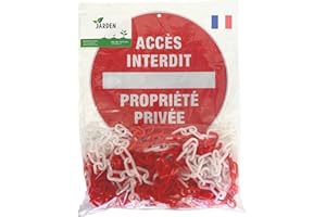 Jarden® Kit 1 Panneau Propriété Privée 30cm + Chaîne 10m en Plastique Rouge et Blanc - Plaque Signalétique Ronde Perforée en Aluminium et Chaîne de Sécurité - Signalisation Durable Facile à Installer