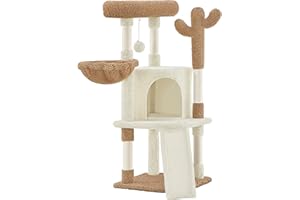 Yaheetech Arbre à Chat Cactus Hauteur 106,5 cm Tour pour Chat en Tissu Moppy avec Poteaux en Sisal Plateformes Niche Panier Perchoir Griffoirs Maison (Beige/Marron)