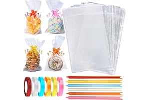MILRO Cellophane Bags Pack of 60 (6 x 10 Inches) Food Safe Sweet Bags Cookie Bags with Mix Colors Pull Bows and Ribbons-Flat Bottom Clear Bags for Sweets, Gifts Packaging for Christmas, Halloween,Birthday