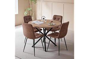 DEYARNA HOME Dining Set 5-Piece 100 cm Round Dining Table and 4 Faux Leather Dining Room Chairs, Table and 4 Chairs for Kitchen, Living Room, Balcony, Restaurant, Office (Light Wood Colour + Light