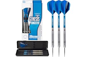 Harrows Genesis Tungsten Steel Tip Darts Set 21g, 22g, 23g, 24g, 25g & 26g - Includes High Traction Grip Supergrift, Shart Marathon Flights & Travel Case